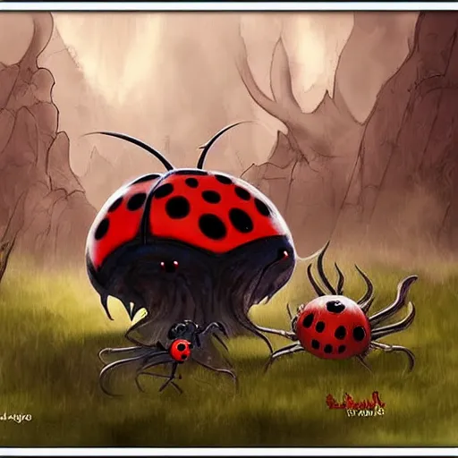 Image similar to ladybug as a monster boss, fantasy art style, scary atmosphere, nightmare - like dream