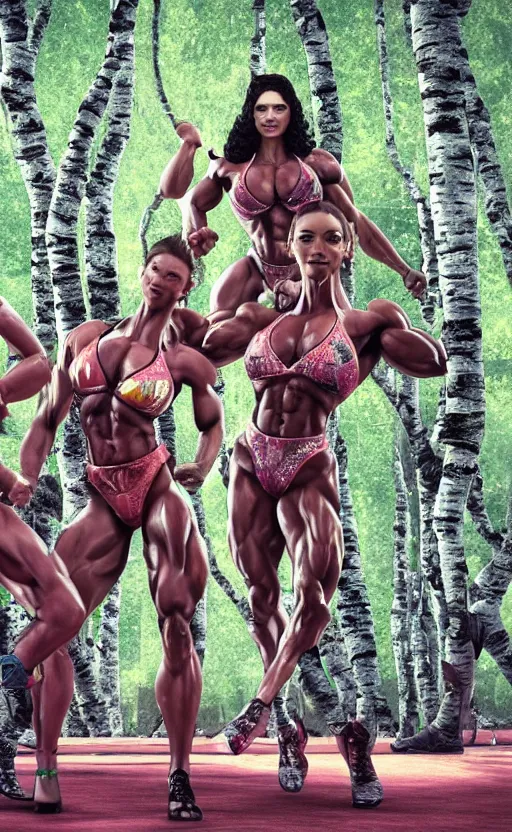 Image similar to photo of several female bodybuilders posing in a birch forest jeff koons hip hop bauhaus style, beautiful detailed face, ultra realistic, concept art, intricate details, serious, highly detailed, photorealistic, octane render, 8 k, unreal engine, art by todd mcfarlane