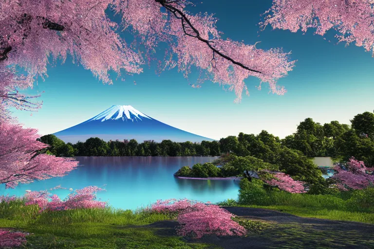 Image similar to mount fuji, view from behind lake, sunny morning, photorealistic landscape, 8 k, octane render, standing under blossoming cherry trees