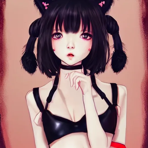 Image similar to realistic beautiful gorgeous natural cute Blackpink Lalisa Manoban black hair cute fur black cat ears, wearing white camisole summer outfit, headphones, black leather choker artwork drawn full HD 4K highest quality in artstyle by professional artists WLOP, Aztodio, Taejune Kim, Guweiz on Pixiv Artstation