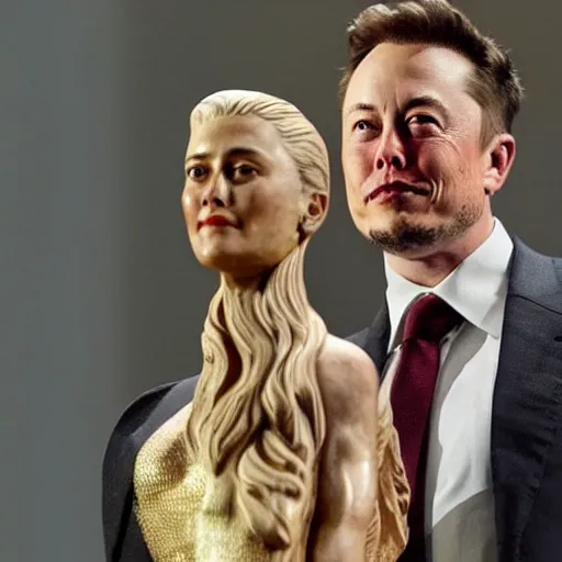 Prompt: “elon musk and amber heard statue made of wood, overlooking a courtroom, highly detailed, intricate”