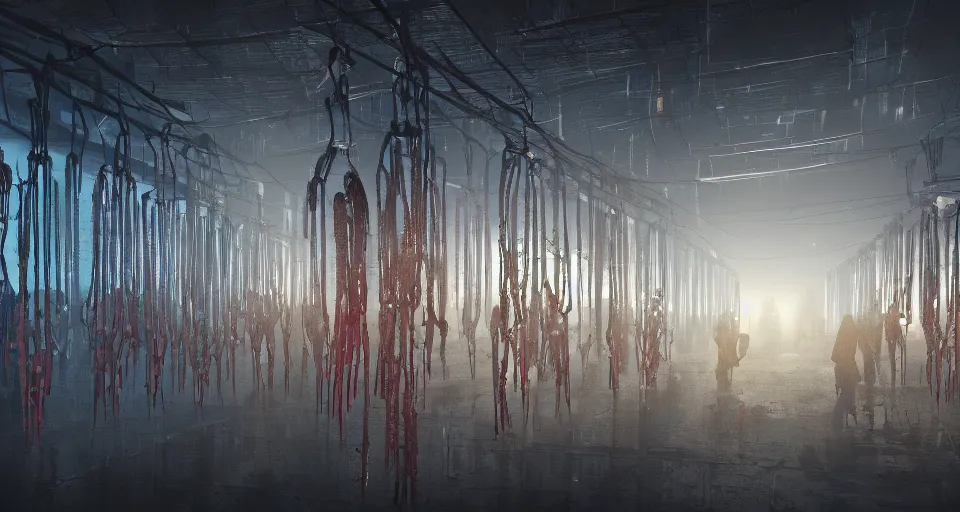 Image similar to illustration of rows of limp bodies hanging on display in a cold warehouse, refrigerated storage facility, rolling fog, cyberpunk, dystopian, dramatic lighting, unreal engine 5, colorful