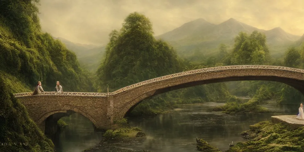 Prompt: , Arwen and Aragorn having a romantic moment on the bridge at Rivendell, evening, detailed matte painting, cinematic, Alan Lee, Artstation