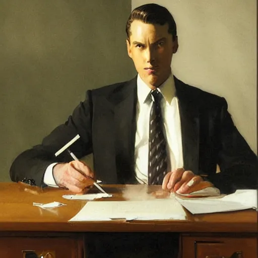 Prompt: man in desk with coffee and black suit by leyendecker and dean cornwell, 8 feet from the camera, 6 0 ´ s furniture