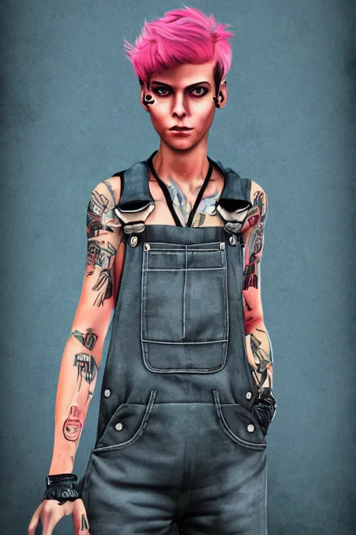 Prompt: an androgynous punk girl with short hair who is a mechanic wearing overalls, digital illustration, digital concept art, digital painting, decorative background, trending on artstation