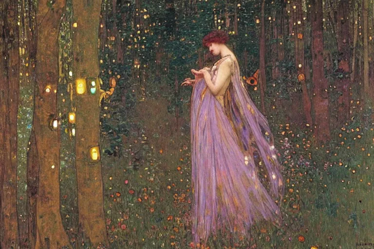 Image similar to dance of fairies in a forest at night, glowing, painting, muted colors, magical, by klimt, by alphonse mucha, by john william waterhouse