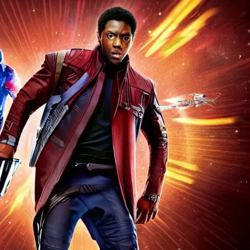 Image similar to film still of Chadwick Boseman as Star Lord in Guardians of the Galaxy