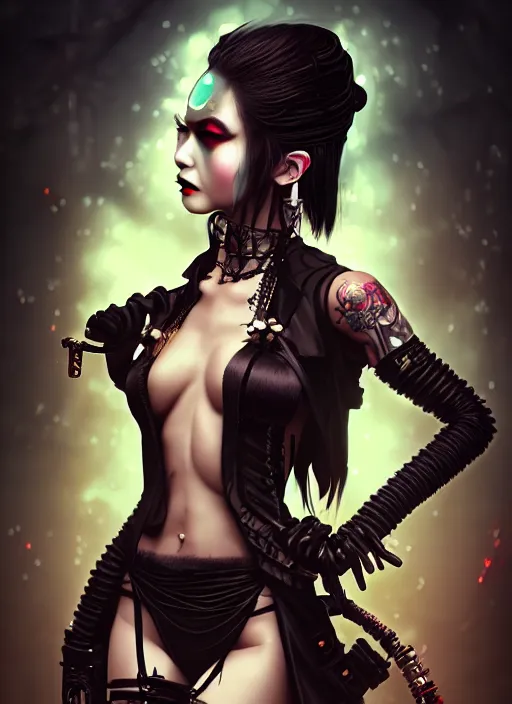 Image similar to soft lustrous ebony geisha seductive raver yakuza gothic cyborg cyberpunk gutter punk, decay, underworld, dark fantasy, dark art, highly detailed, digital painting, octane render, artstation, concept art, smooth, sharp focus, illustration, art by artgerm, loish, wlop
