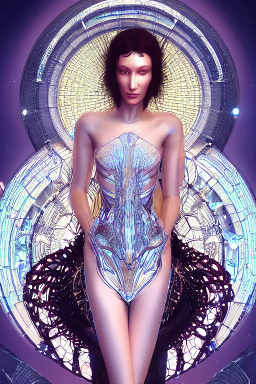 Prompt: a portrait of a beautiful ancient alien techno matrix woman goddess bella hadid in iris van herpen dress in diamonds and fractals in style of alphonse mucha art nuvo dmt trending on artstation made in unreal engine 4