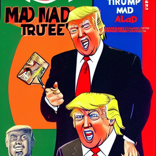 Prompt: Donald Trump on the cover of MAD art style Al Gaffee