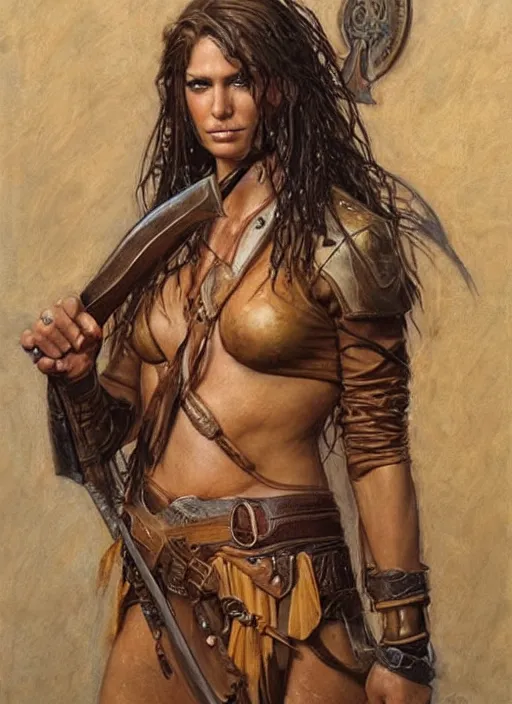 Prompt: beautiful warrior woman with wet hair wearing tan leather clothes holding a sword by artist donato giancola