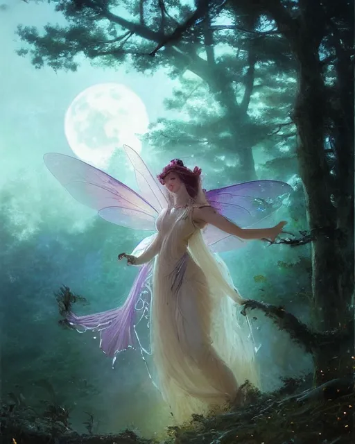 Image similar to a portrait of beautiful fairy goddness fly high in the night, d & d, fantasy, mist, full moon in background, trees, hyper detailed,, midium shot, an oil painting by ruan jia, trending on artstation, concept art, sharp focus, illustration, gaston bussiere, craig mullins, j. c. leyendecker, beautiful lighting