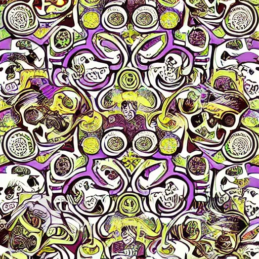 Image similar to anime manga pattern of birds and skulls spiral illustration style by Alphonse Mucha and comic pop art nouveau