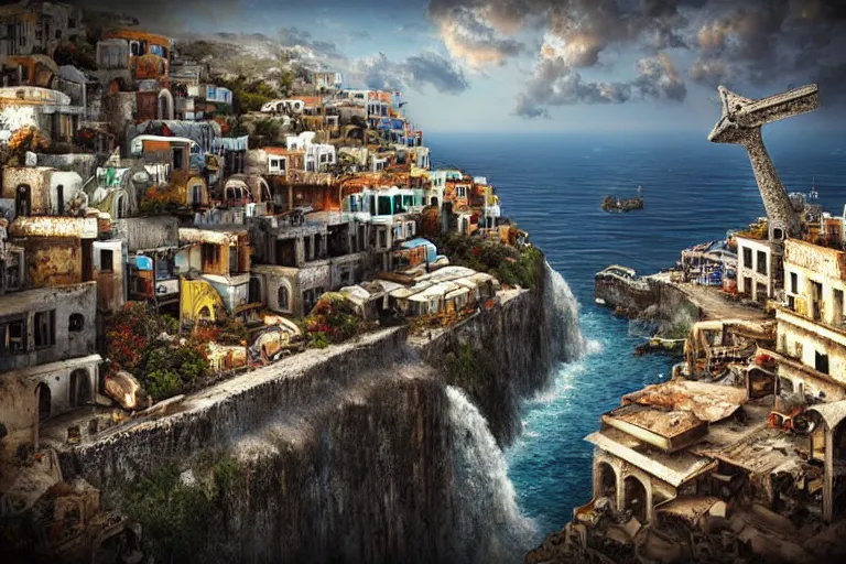 Prompt: grecian favela sculpture, urban shopping environment, industrial factory, cliffs, sunny, milky way, award winning art, epic dreamlike fantasy landscape, ultra realistic,