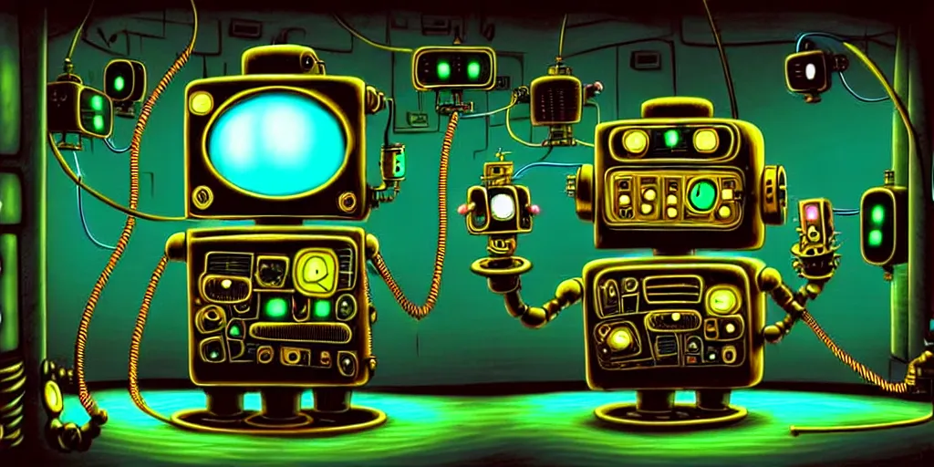 Prompt: steampunk robot happy Funny cartoonish with neon cables at a nuclear control room, by Gediminas Pranckevicius and Felix-Kelly H 704