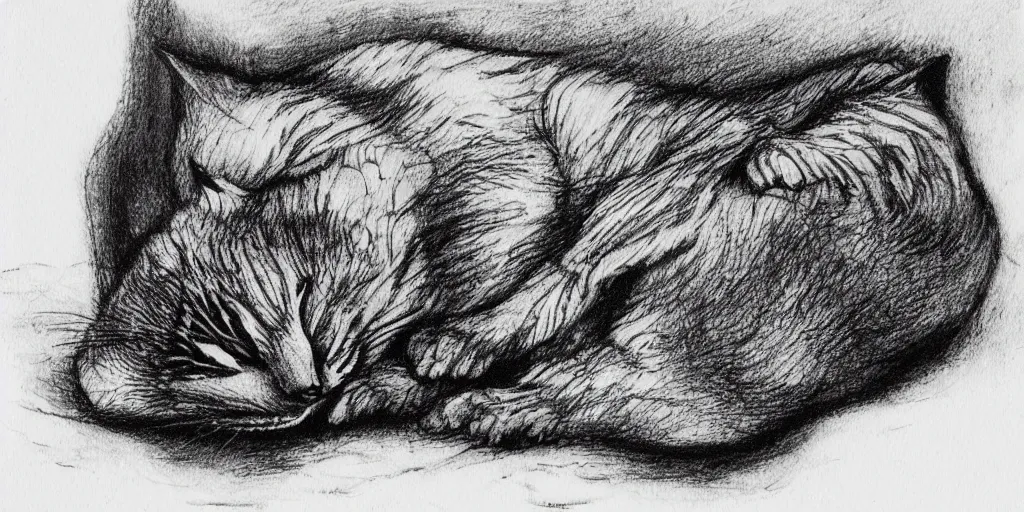 Image similar to ink lineart drawing of a sleeping cat, white background, etchings by goya, chinese brush pen illustration, high contrast, deep black tones, contour