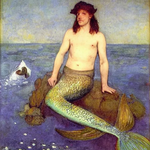 Image similar to male merlock holmes mermaid with a big mermaid tail sitting at the bottom of the sea under water in the style of jules bastien - lepage