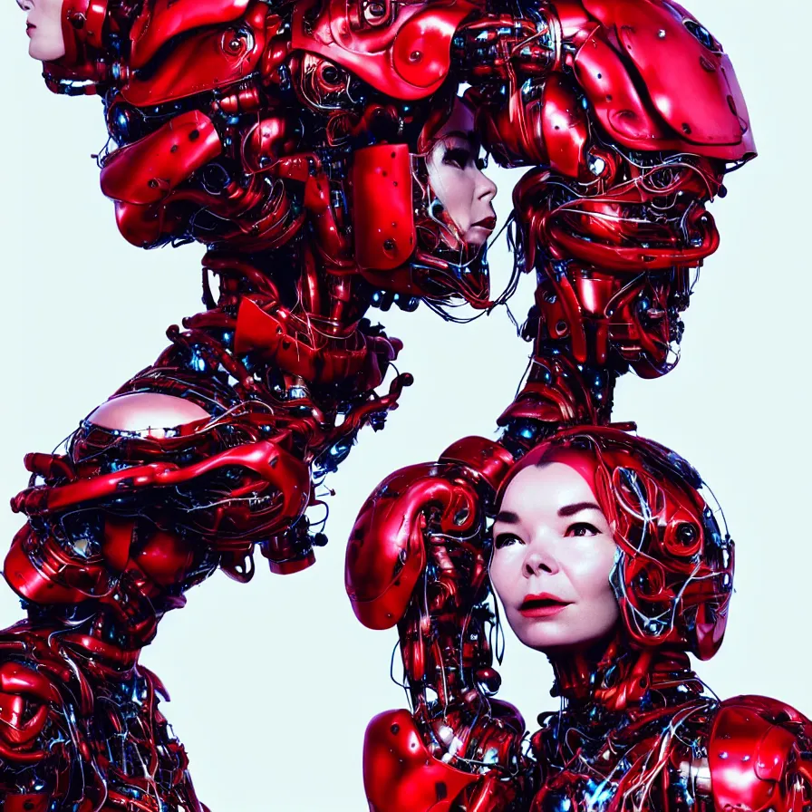 Image similar to bjork fashion portrait, vogue, red biomechanical, inflateble shapes, wearing epic bionic cyborg implants, masterpiece, intricate, biopunk futuristic wardrobe, highly detailed, artstation, concept art, background galaxy, cyberpunk, octane render