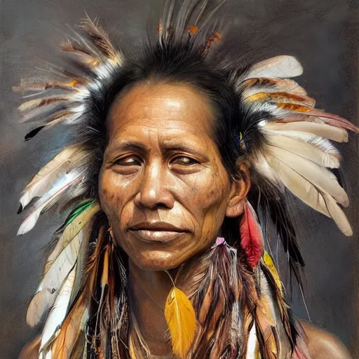 Image similar to high quality high detail painting by jenny saville, hd, a skinny beautiful indigenous woman tribe leader, hair in wind, many pretty feathers, muted colors, cream color, photorealistic lighting