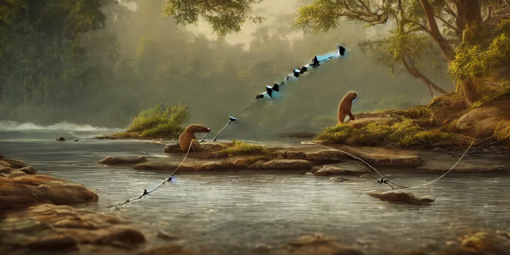 Prompt: breathtaking painting of cute otter hanging fishing rod and fishing on coast of river, morning forest, octane render, artstation, stylized, HDR, smooth light, morning light, 8k