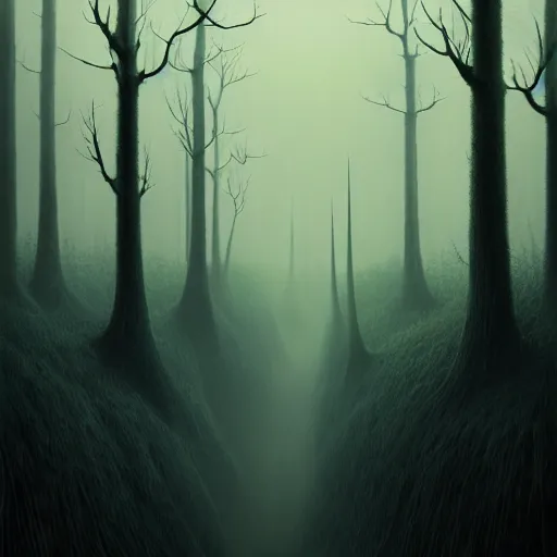 Image similar to A beautiful but eerie forest, shrouded in mist that is filled with scary glowing monsters, in the style of Keith Thompson and Zdzislaw Beksinski, Artstation HD, 8k, Surrealistic digital artwork,