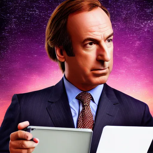 Prompt: Saul Goodman speaking on his phone at a desk, highly detailed, HDR, sharp focus, 4k, anime art style, digital painting