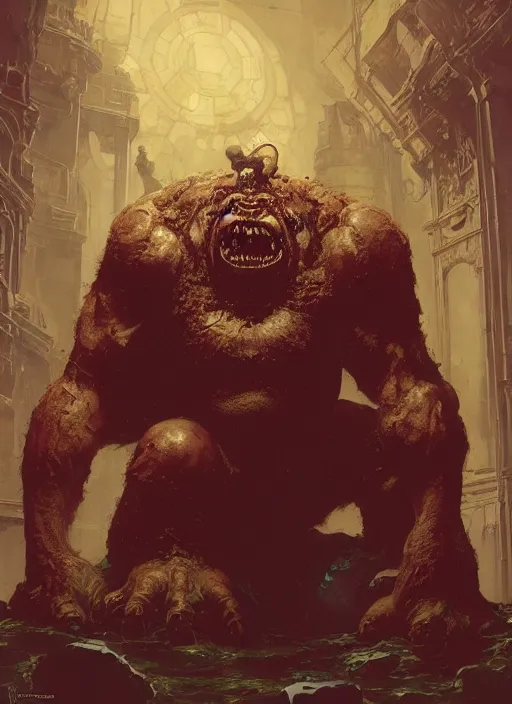 Image similar to huge hulking brute demon king wide shoulders, small evil head, vascular hands, muscular arms, wearing cape sitting on throne in science fiction hall, by sergey kolesov and lawrence alma tadema and norman rockwell and greg staples and craig mullins and john berkey and ruan jia, artstation creature art