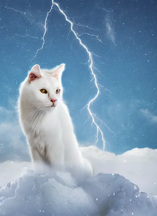 Image similar to giant white cat on a snowy mountain with lightning coming out of its paws, blue sky background with moon