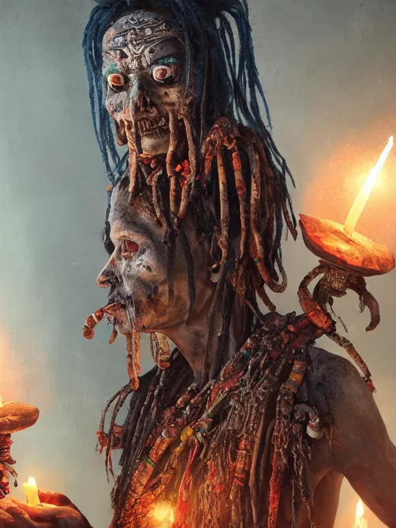 Image similar to fine painting of a death shaman from an ancient culture with mushrooms growing from his body, candlelight, 8 k, ultra realistic, lens flare, atmosphere, glow, detailed, intricate, full of colour, cinematic lighting, trending on artstation, 4 k, hyperrealistic, focused, extreme details, unreal engine 5, cinematic, masterpiece