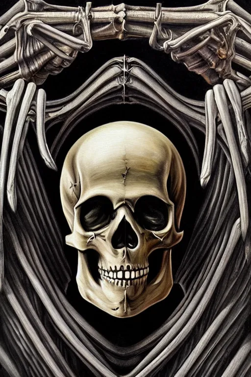 Image similar to an extremely high quality hd a painting of a skeleton with a halo around it's head, poster art by hans ruedi giger, behance contest winner, vanitas, apocalypse art, cosmic horror, darksynth, 8 k, ultra realistic, very realistic