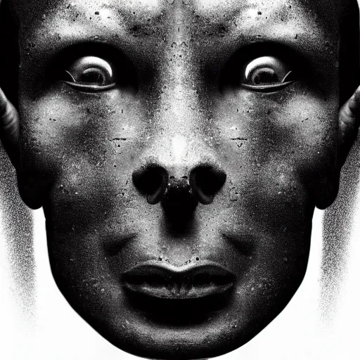 Image similar to a face of a man made of black stone. black background. cast iron. gothic baroque. expressive eyes. symmetry. epic. ominous shapes. hyper detailed. lighting from the bottom, sharp shadows. photoreal. trending on artstation