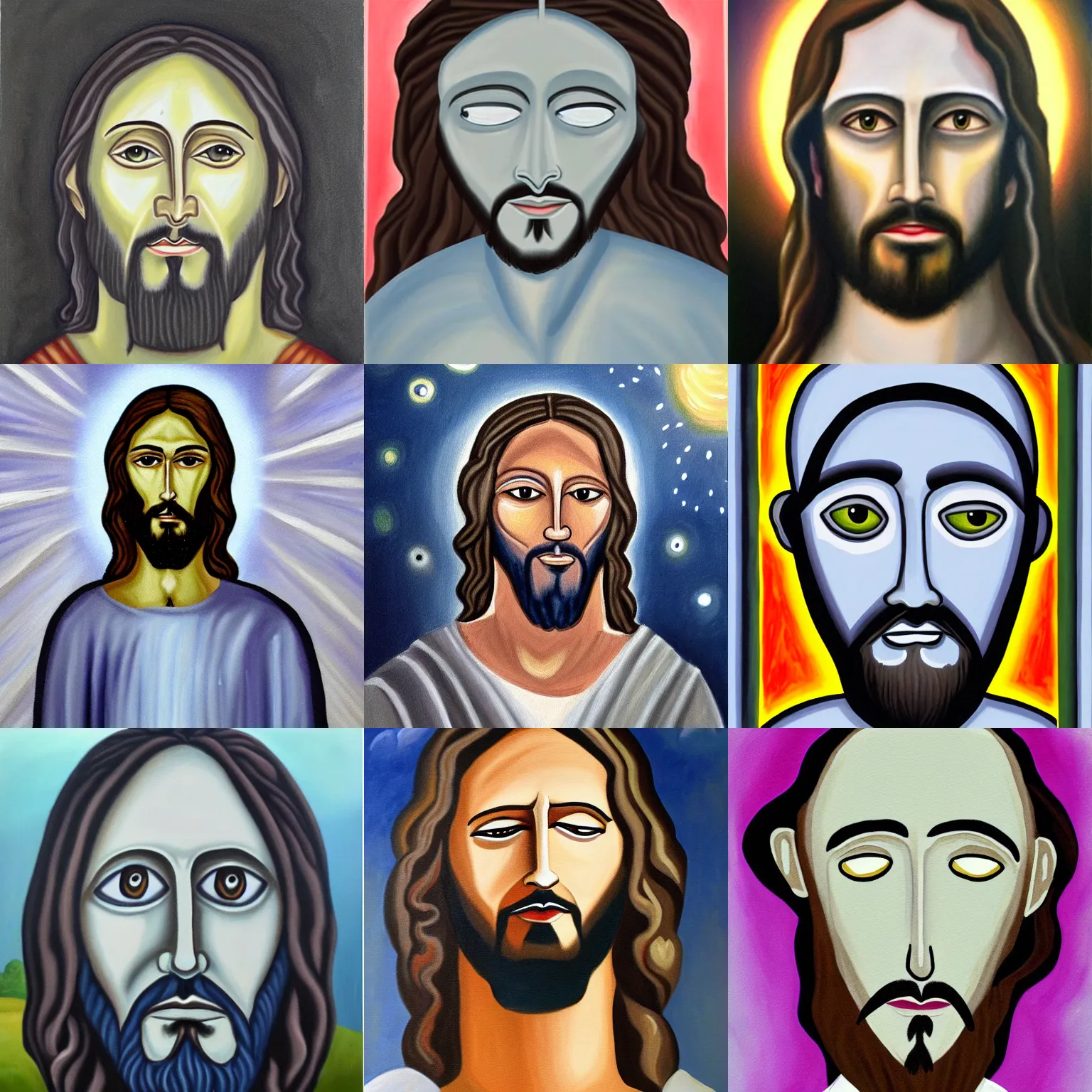 Prompt: painting of jesus as a grey alien