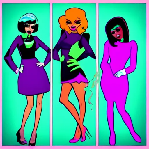 Image similar to grownup powerpuff girls smoking weed in a purple room, neon lights dress