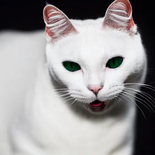 Image similar to A photograph of a white cat with black fur around her eyes sticking tongue out, looking at camera, 8k