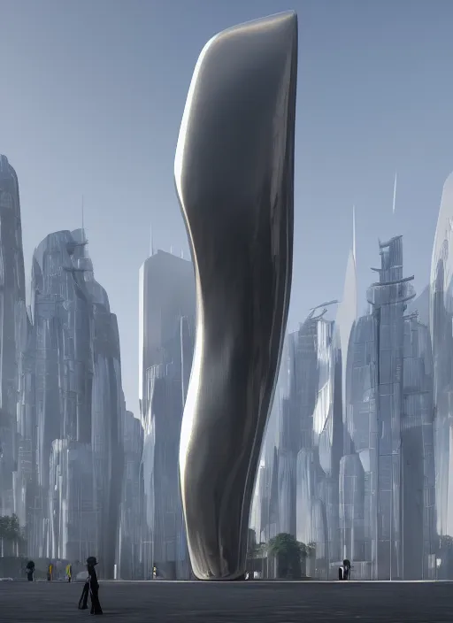 Image similar to highly detailed architecture render of a huge high futuristic metallic stele sculpture in the style of zaha hadid standing in city park, archdaily, made in unreal engine 4