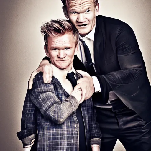 Prompt: photoshoot of gordon ramsay and neil patrick harris as father and son, vogue magazine, hyper realistic, dramatic light, photo studio,