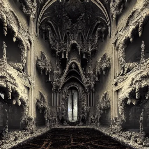 Image similar to gothic georgian temple manor, baroque in the style of h. r. giger and zdzisław beksinski, demons, decaying, fog mist, 8 k, artstation, unreal engine, octane render, hdr, sci - fi, surrealistic digital art, dystopian, hyperrealism, glow, concept art, grand scale, photorealistic rendered in octane