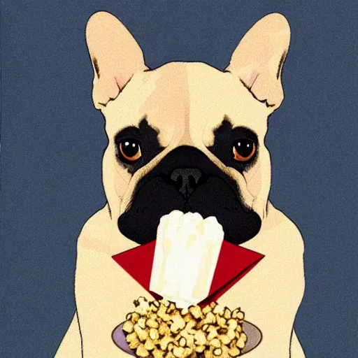 Prompt: french bulldog eating popcorn, in the style of tomma abts