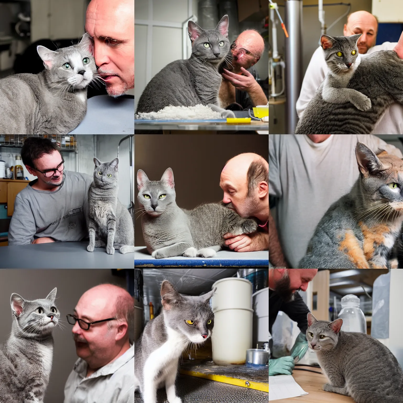 Prompt: gray cat with tan spots of fur being pet by a balding man inside a meth lab, hyper realistic, photo