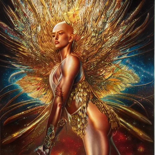 Prompt: full muscular body made of gems with golden feathers ,thunder, shining light, nebulas, god rays by Karol Bak, Ayami Kojima, Amano