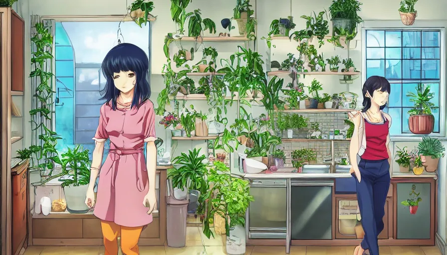 Image similar to a woman standing in a kitchen next to a plant that contains a small and thriving city, a storybook illustration by kiyohara tama, pixiv contest winner, magic realism, pixiv, official art, anime aesthetic