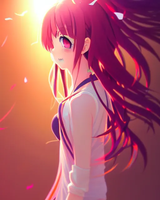 Image similar to anime style, vivid, expressive, full body, 4 k, a cute girl with white skin and long pink wavy hair humming a song, stunning, realistic light and shadow effects, centered, simple background, studio ghibly makoto shinkai yuji yamaguchi