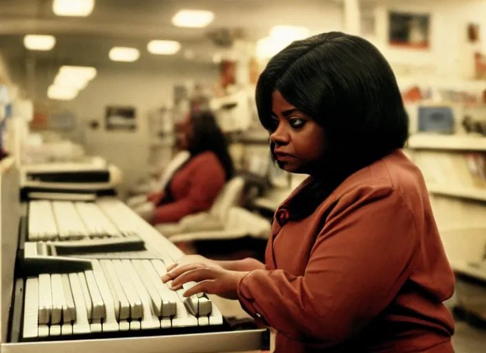 Image similar to cinematic shot of octavia spencer in an small used electronics store hands on an old electronic keyboard, iconic scene from the paranoid thriller sci fi film directed by stanley kubrick, anamorphic cinematography, beautiful composition, color theory, leading lines, photorealistic, volumetric lighting, hyper detailed 4 k image,