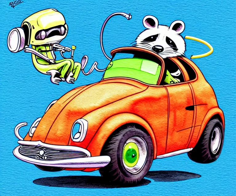 Image similar to cute and funny, racoon wearing a helmet riding in a tiny hot rod coupe with oversized engine while smoking a cigarette, ratfink style by ed roth, centered award winning watercolor pen illustration, isometric illustration by chihiro iwasaki, edited by range murata