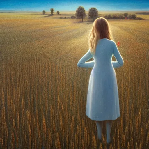 Image similar to close-up shot, a beautiful painting of a girl in a airy semi-transparent thin light dress standing in the glowing wheat fields, mystical setting, afternoon sun, long shadows, photo from the back, by Mark Ryden, Felix Kelly, trending on artstation