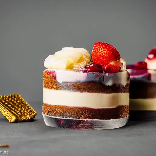 Image similar to extremely delicious looking photo of beautiful sweet unique style dessert in fancy stylish cup, very expensive top quality product, michelin star, most perfect desert on the world, small manufacture, unique style, 8 k, product photography, professional studio photography