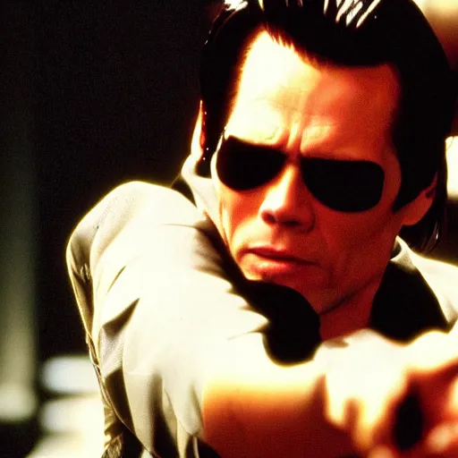 Prompt: film still of jim carrey as neo in the movie matrix, photography