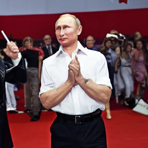 Prompt: vladimir putin is starring in grease hollywood film, realistic, 8 k,