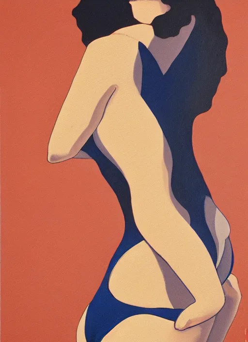 Prompt: a girl, in retro swimsuit, lying by the pool, 7 0 - s, minimalist oil painting by ryo takemasa, shinkai, makoto, kiuchi, tatsuro flat colors, beautiful lightning, sharp, poster