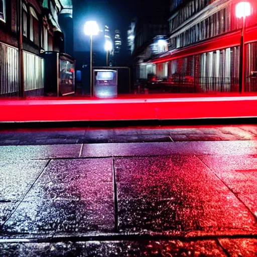 Prompt: digital red photons entering a CCTV camera on a dark rainy night in London, street scene, futuristic